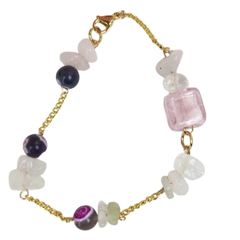 Pink Quartz Square Foil Onyx Beads Fuchsia and Black Fire Vein Bracelet